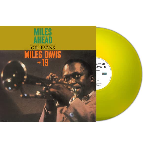 Yellow vinyl record of Miles Davis’ “Miles Ahead” with album cover.