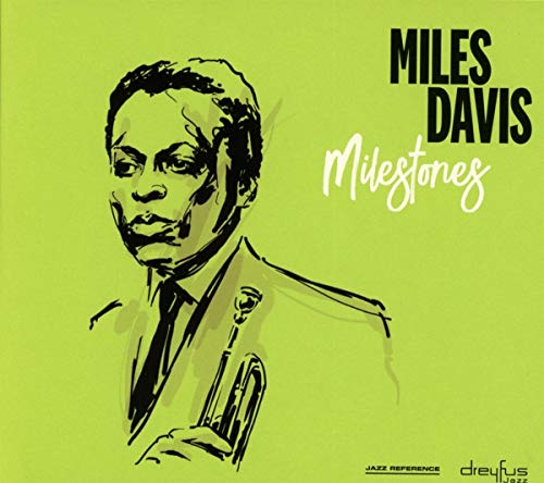 Stylized illustration of Miles Davis holding a trumpet on a lime green background.