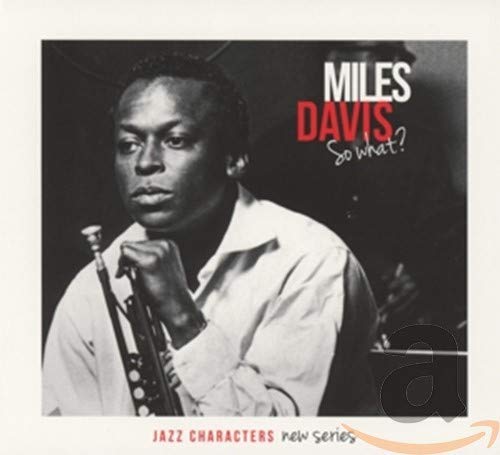 Black and white portrait of Miles Davis with his trumpet, album cover.