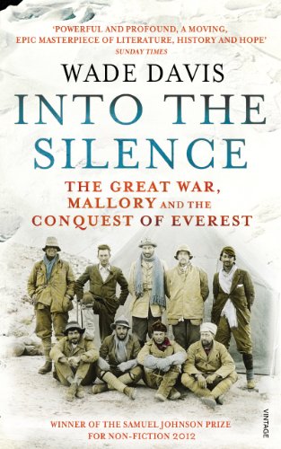"Book cover with 'Into The Silence' title and a black-and-white group photo of men."