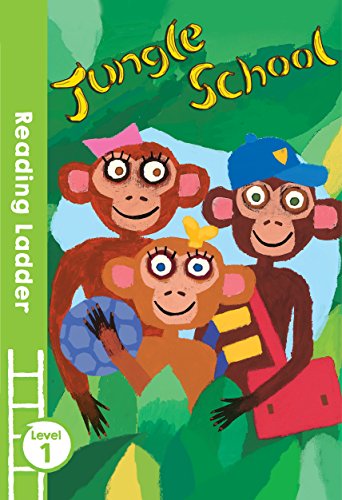 Book cover illustration of three cartoon monkeys in a jungle, titled Jungle School.