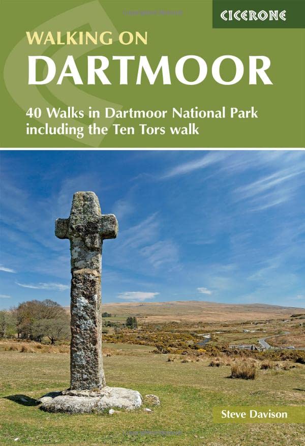 Book cover: "Walking on Dartmoor" with a stone cross in a moorland landscape.