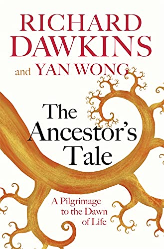 Book cover: "The Ancestor's Tale" with a swirling, golden tree illustration.