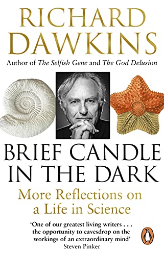 Book cover: "Brief Candle in the Dark" by Richard Dawkins, with portrait and fossils.