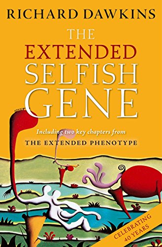 Book cover: "The Extended Selfish Gene" by Richard Dawkins, with abstract art.