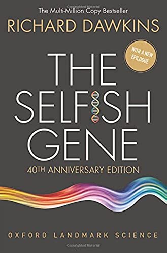 Book cover: “The Selfish Gene” 40th Anniversary edition, with DNA illustration.