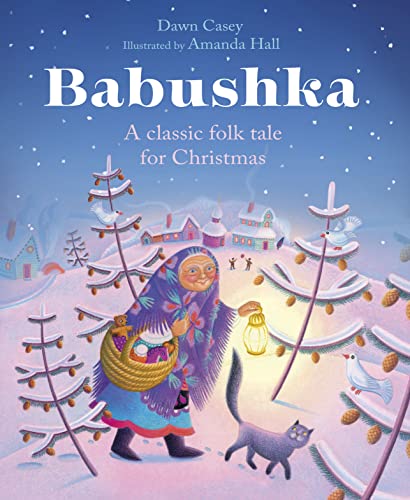 Book cover: Babushka, an elderly woman, with a cat in a snowy landscape.