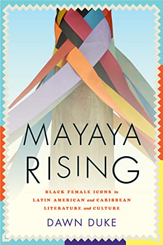 Book cover with colorful ribbons forming a bird shape and title "Mayaya Rising".