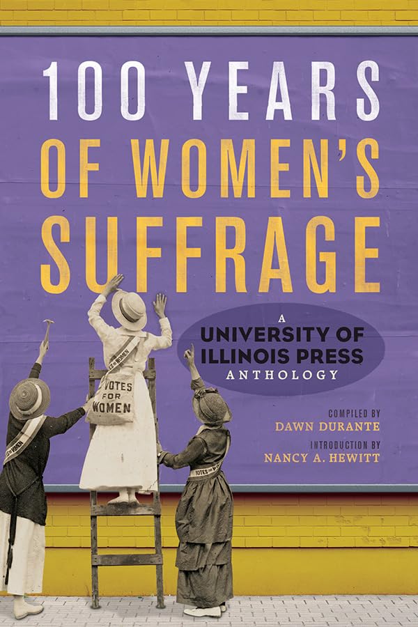Book cover: “100 Years of Women’s Suffrage” with historical protest image.