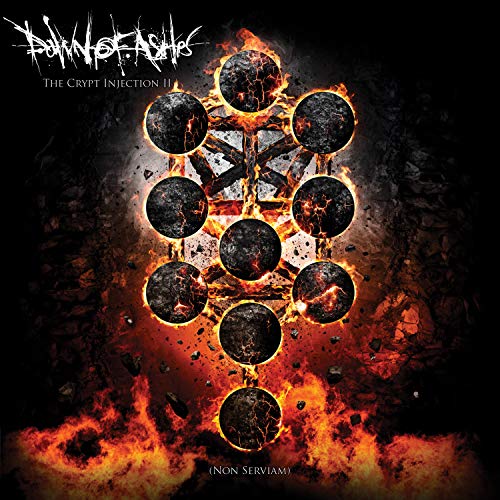"Album cover with 10 black spheres on fire, surrounded by flames on a dark background."