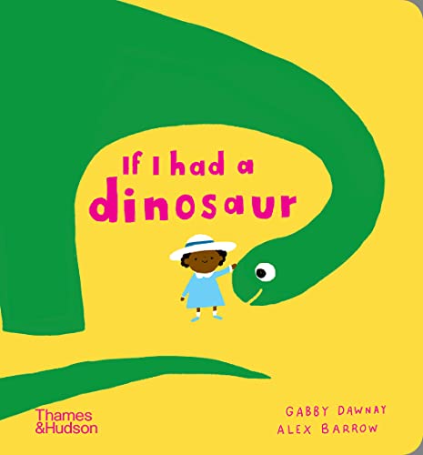 A child in a white hat pets a long-necked green dinosaur on a yellow background.