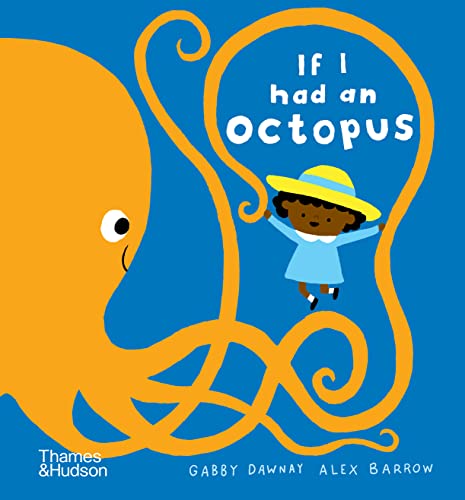 A girl in a yellow hat plays with a large orange octopus on blue background.