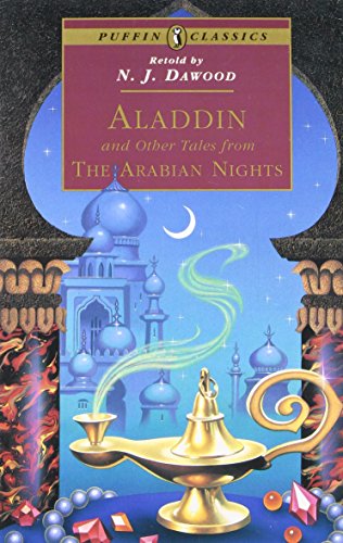 Book cover for "Aladdin," featuring a golden lamp and blue city.