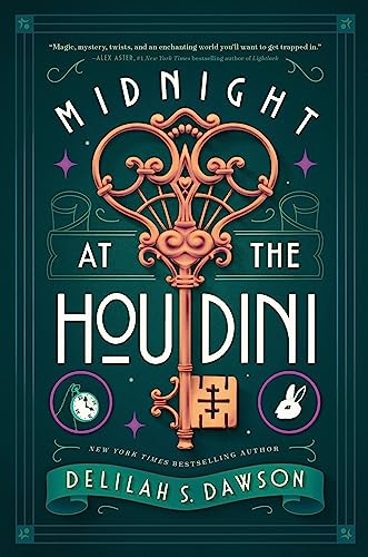 Book cover: "Midnight at the Houdini" with a large ornate key illustration.