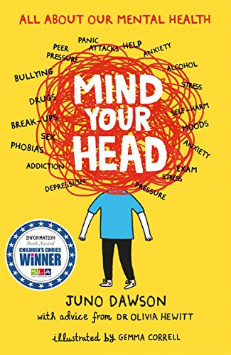 Book cover with a yellow background, a person with a scribbled red head, and text.