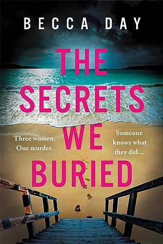 Book cover with beach scene, wooden steps, and pink title text.