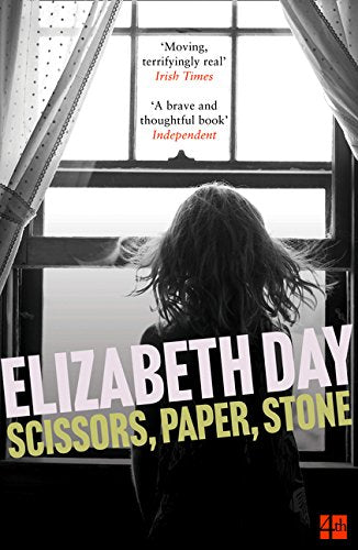Book cover: woman viewed from behind at a window, title "Scissors, Paper, Stone".