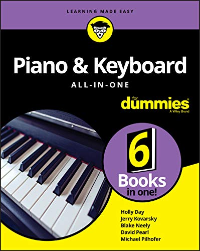 Book cover: "Piano & Keyboard All-in-One For Dummies" with piano keys.
