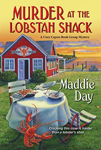 Book cover: red lobstah shack, seaside scene, lobster on table.