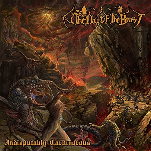 Dark fantasy album cover with monsters and flames in a rocky, hellish landscape.