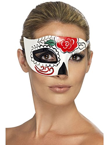 White Day of the Dead half mask with red rose and black details.