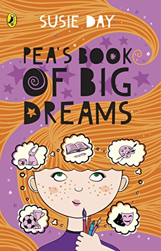 Book cover with a girl, red hair, and dream-filled thought bubbles.