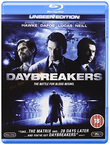 Daybreakers Blu-ray cover featuring Ethan Hawke and Willem Dafoe, dystopian scene.