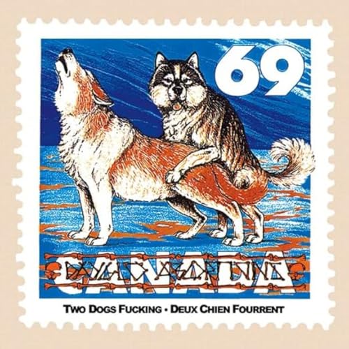 A postage stamp illustration shows two dogs mating with the number 69 above them.