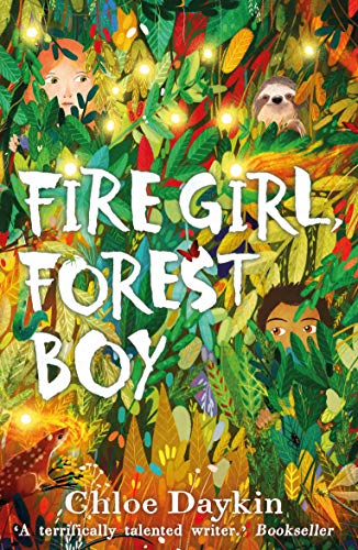 Book cover illustration featuring a girl and boy hidden among vibrant, colorful jungle foliage.