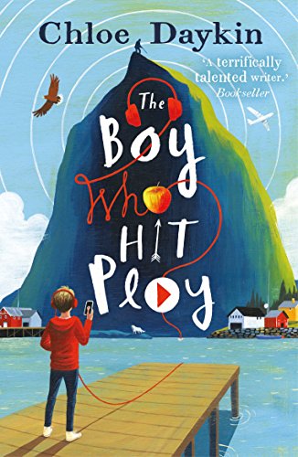 Book cover: boy with headphones on a dock, mountain backdrop.