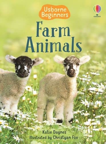 Book cover: "Farm Animals" with a photo of two lambs in flowers.