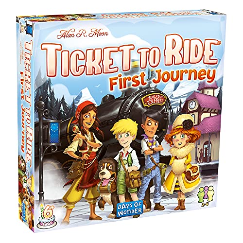 Box art for Ticket to Ride First Journey board game featuring four illustrated characters.