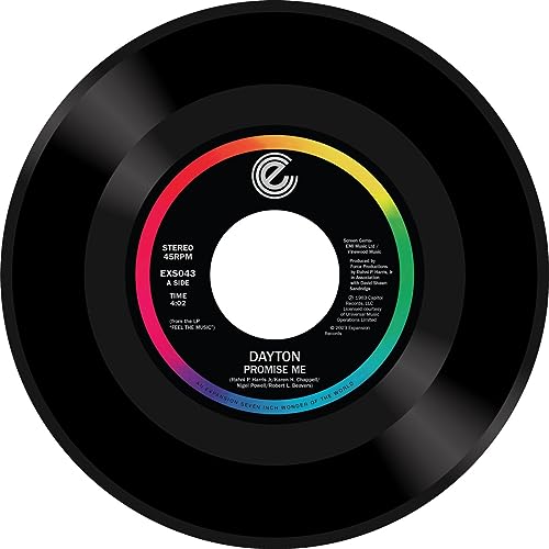 Black vinyl record with colorful label featuring “Dayton - Promise Me”.