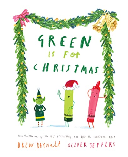 Crayons wearing Christmas hats stand under a garland of greenery.