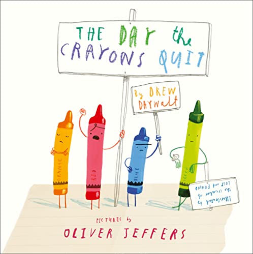 Book cover: anthropomorphic crayons holding signs, illustrated in watercolor style.