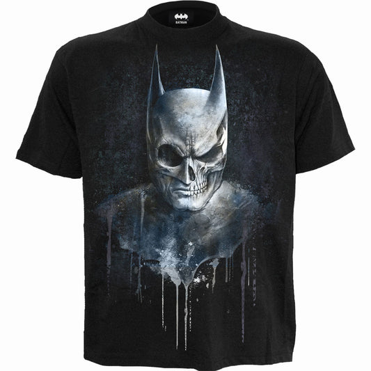 Black Batman t-shirt with a large, distressed silver bat wing design.