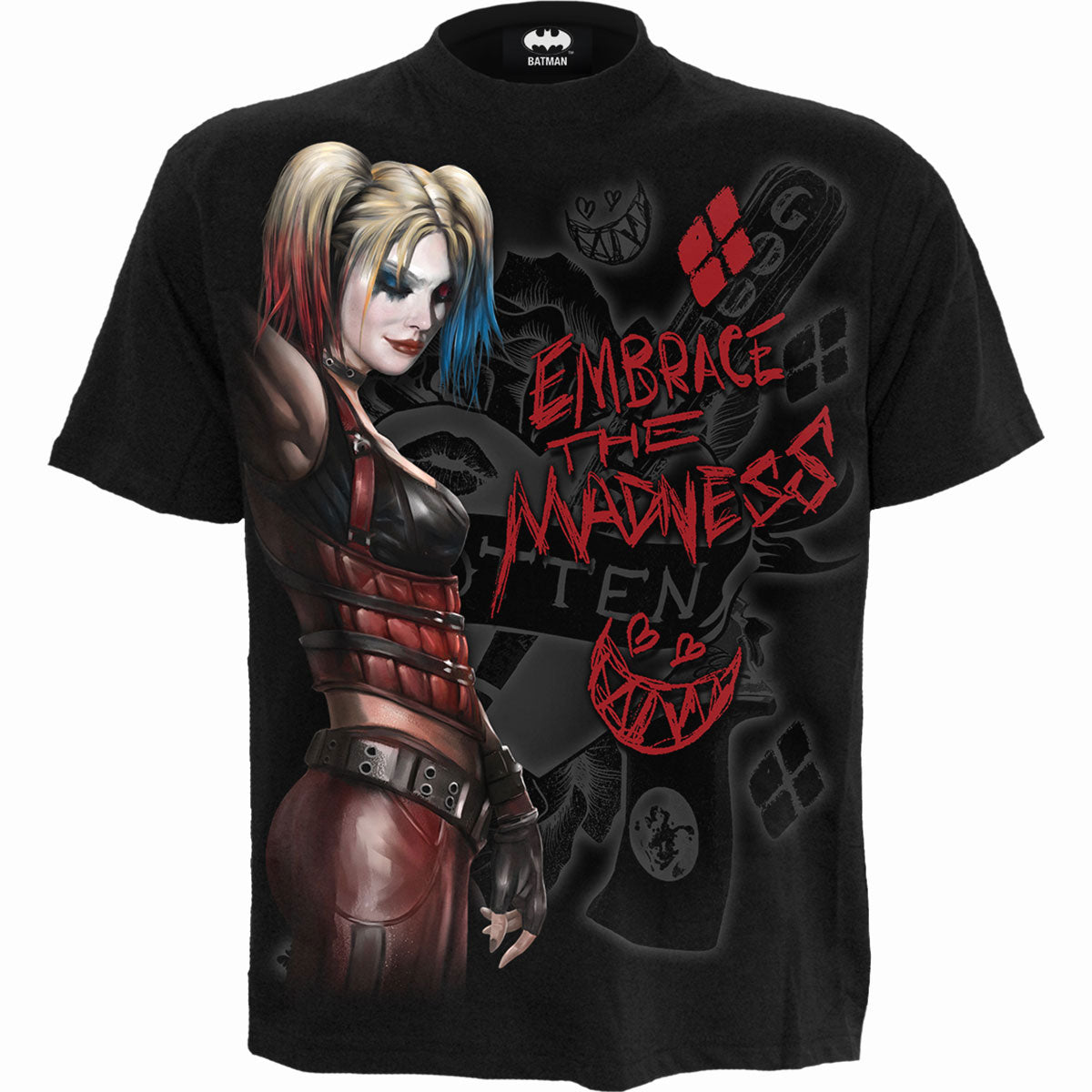 Black Harley Quinn t-shirt with character art and "Embrace Madness" text.