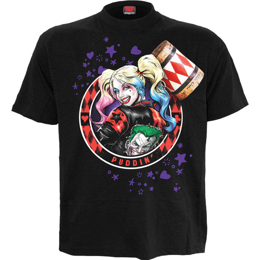 Black Harley Quinn t-shirt with cartoon image of Harley and the Joker.