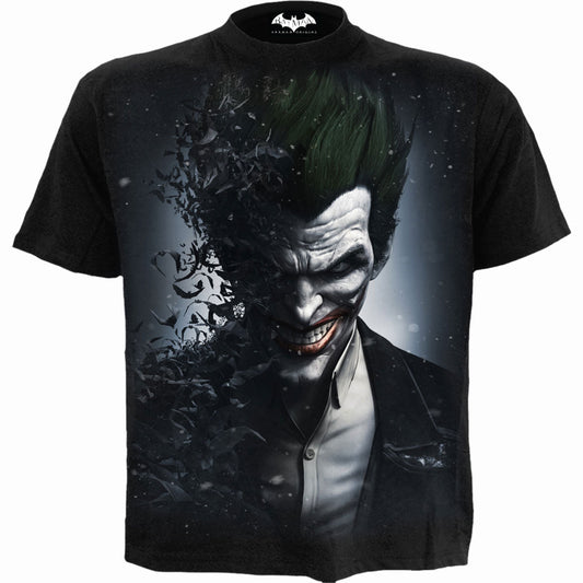 Black t-shirt with a large Batman logo design on the back.