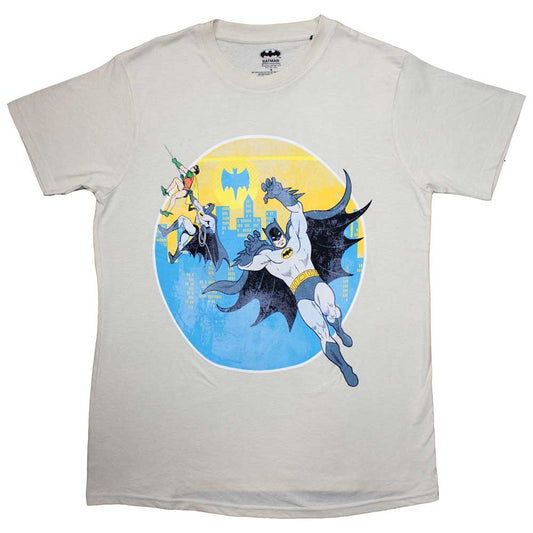 Black t-shirt featuring Batman mid-leap against a cityscape background.