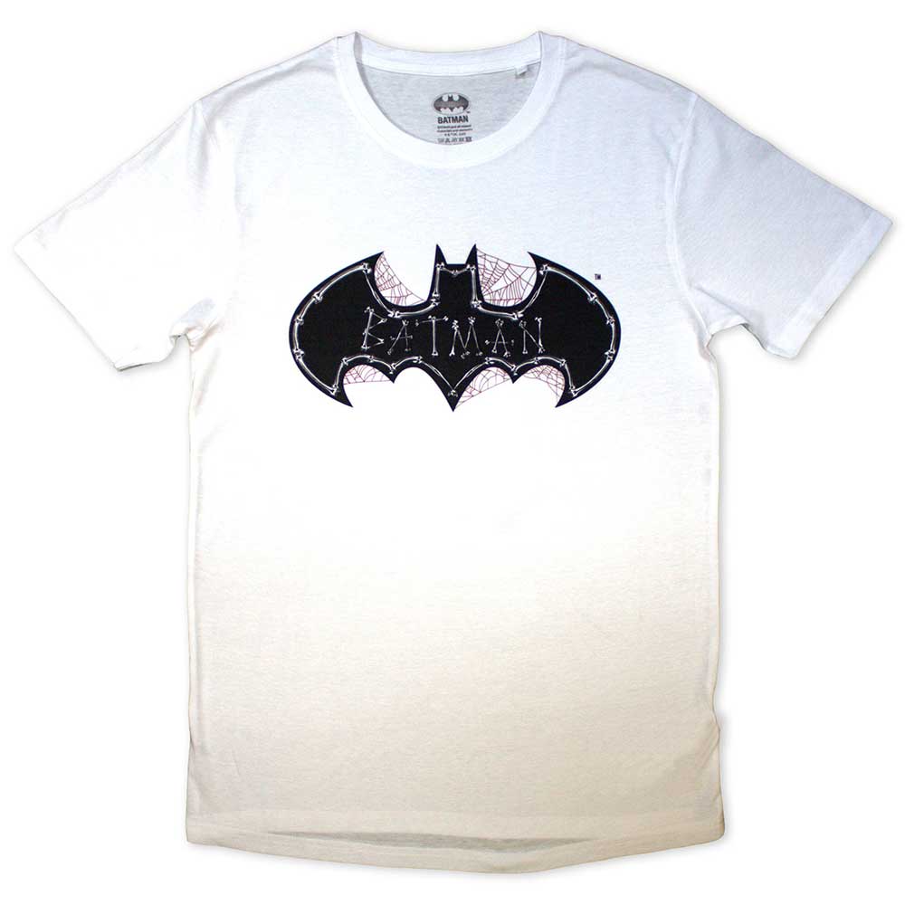 Black t-shirt with a white Batman skull graphic overlaid with cobwebs.
