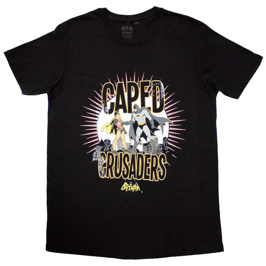 Black t-shirt featuring Batman logo and “Caped Crusaders” text, size X-Large.