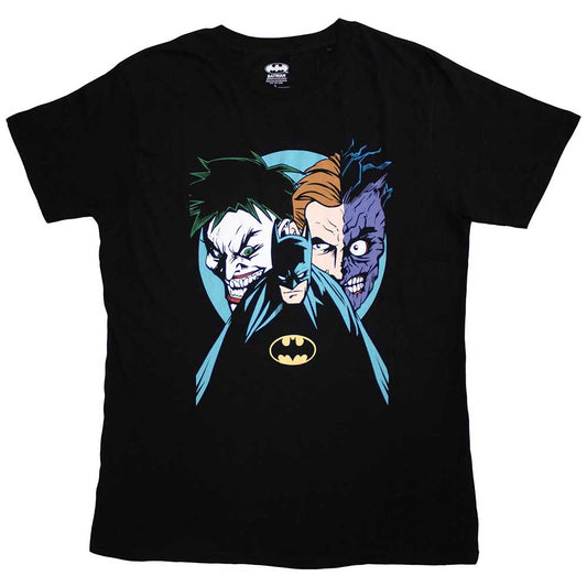 Black Batman t-shirt featuring villain silhouettes, size large.
