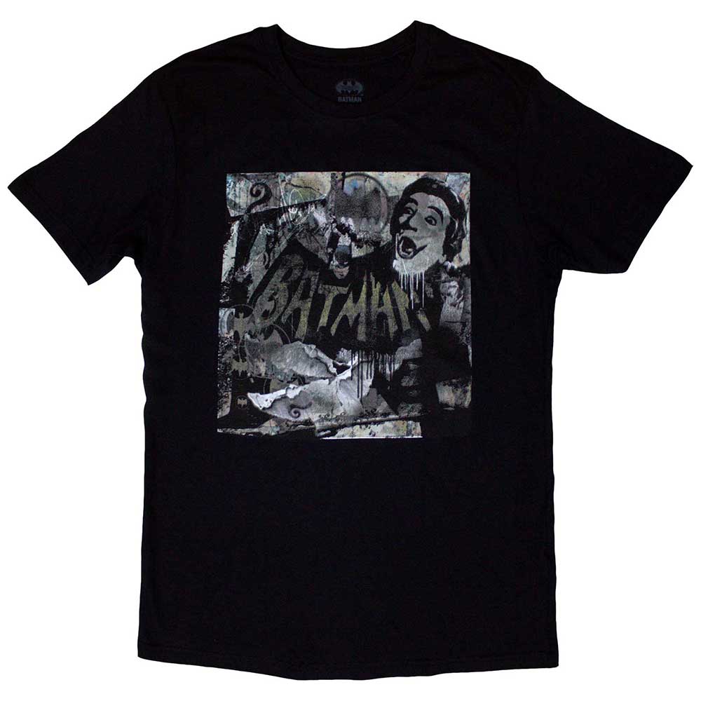 Black t-shirt featuring a colorful Batman mural design, size X-Large.