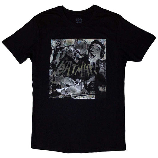 Black t-shirt featuring a colorful Batman mural design, size X-Large.