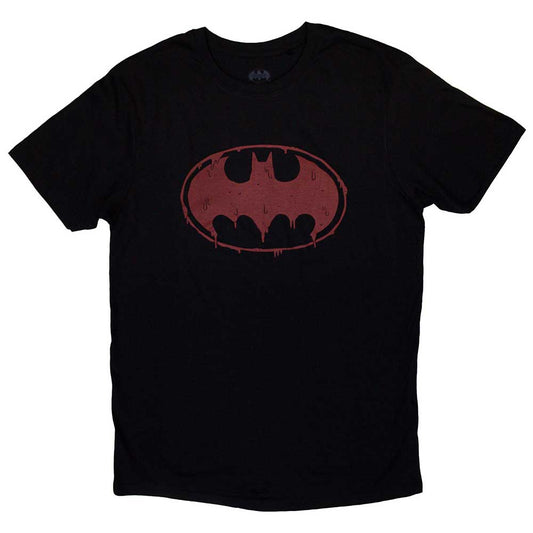 Black t-shirt with a red, dripping Batman logo on the chest.