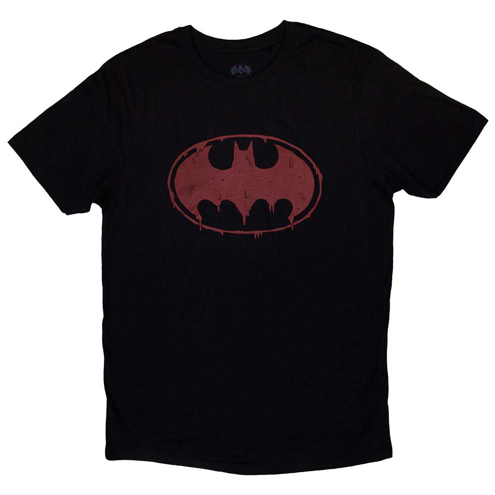 Black t-shirt with a red, dripping Batman logo on the chest.