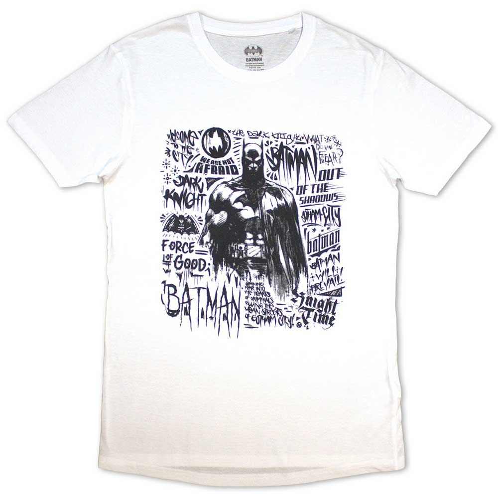 Dark tee with a Batman logo design featuring sketched, scribbled-style artwork.