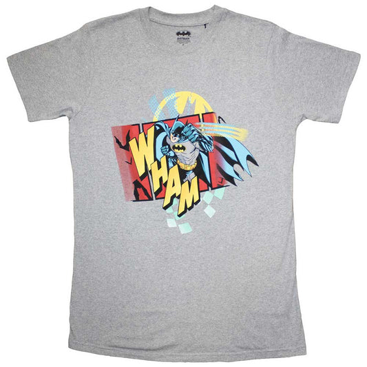 Black t-shirt with a large yellow "WHAM!" comic book style graphic of Batman punching.