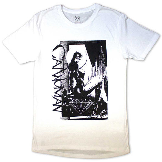 Catwoman silhouette against a city skyline on a small, unisex DC Comics t-shirt.